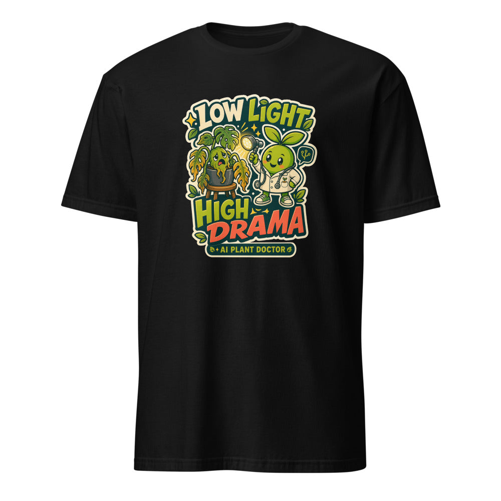 Printful-rendered Budsy Low Light High Drama tee flat front mockup