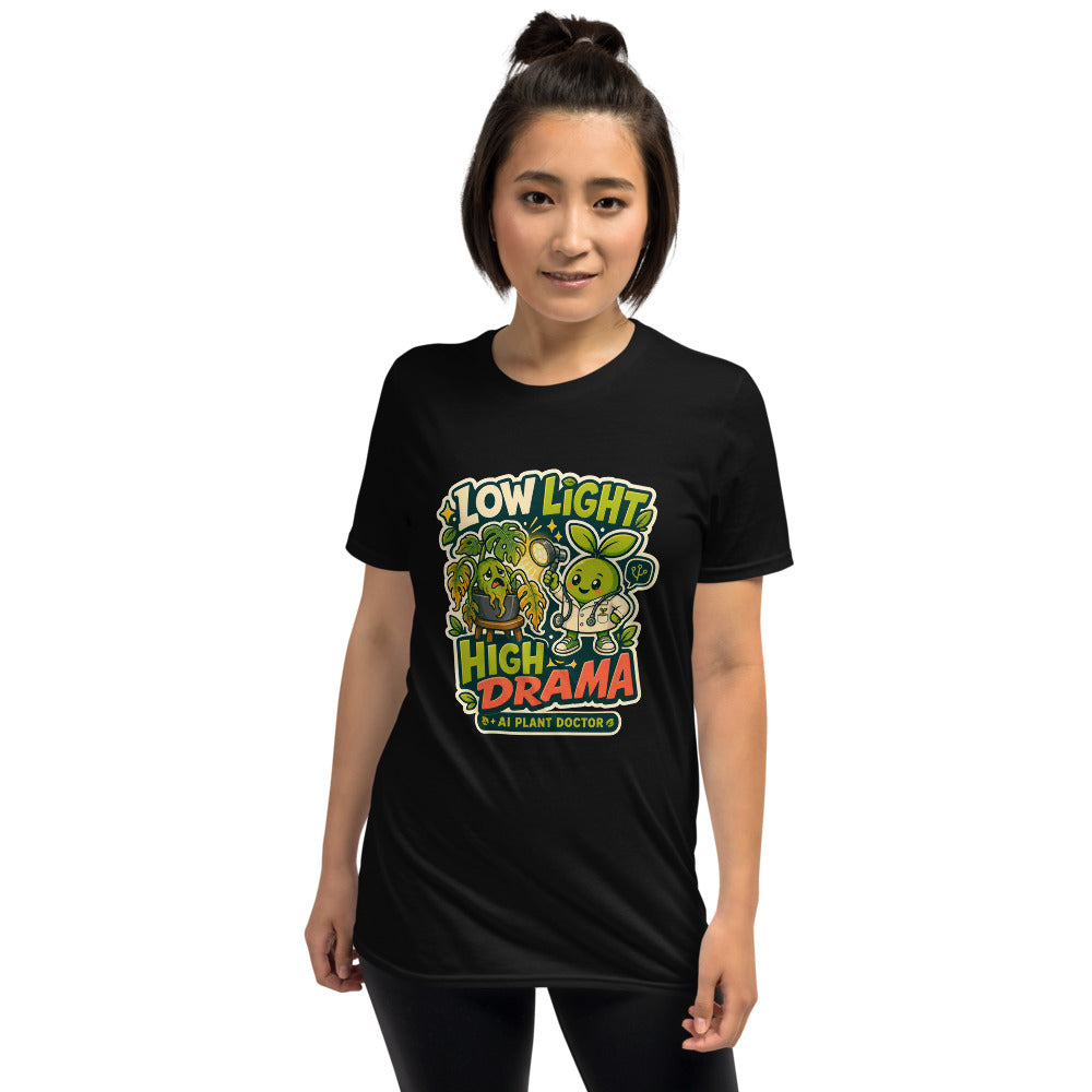 Printful-rendered Budsy Low Light High Drama tee front mockup on female model