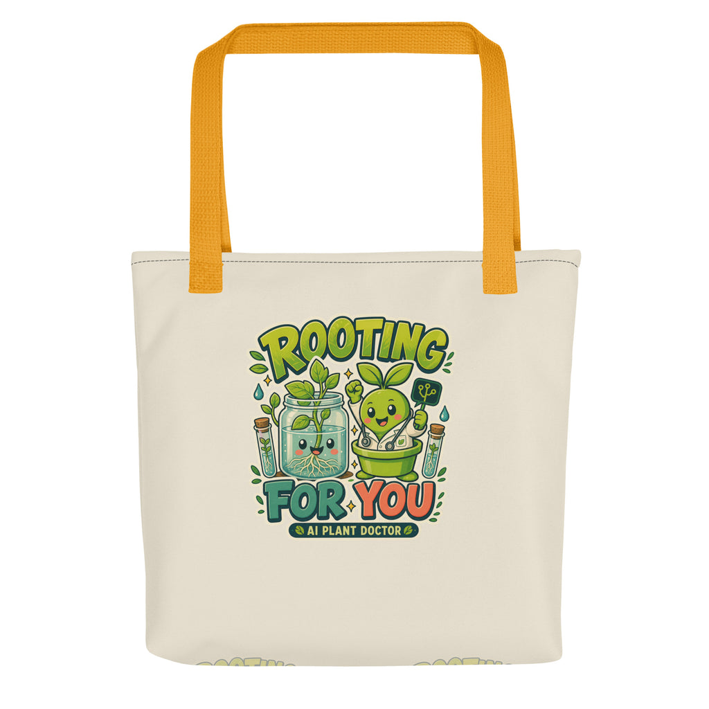 Printful-rendered Budsy Rooting For You yellow-handle tote mockup