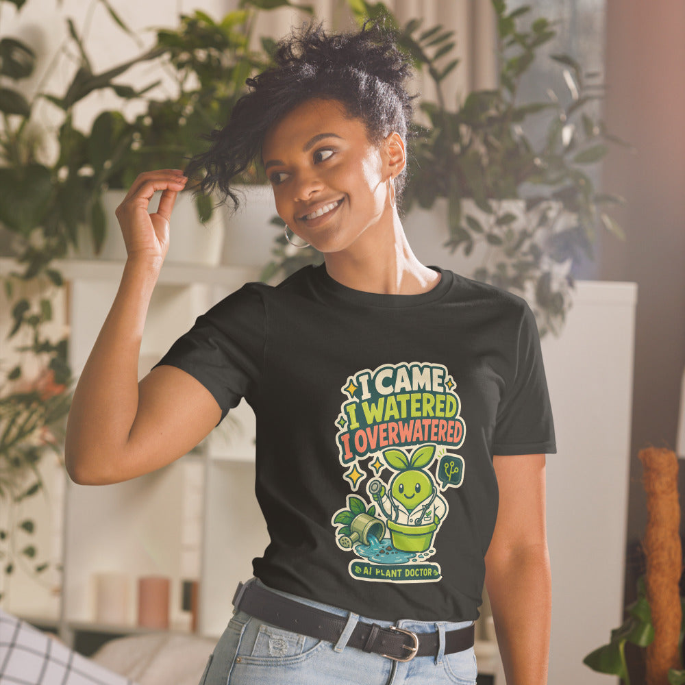 AI Plant Doctor Budsy Overwatered Tee women model mockup