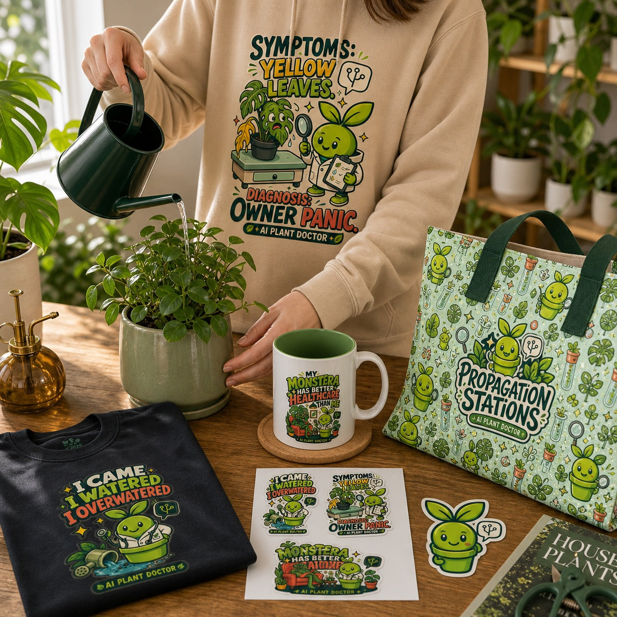 Budsy AI Plant Doctor merchandise used in a cozy plant care corner