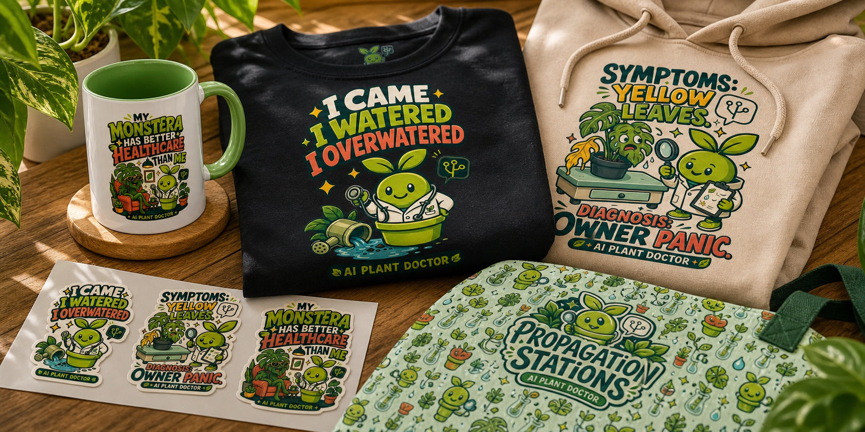 Close-up of Budsy product artwork printed on apparel, mug, tote, and stickers
