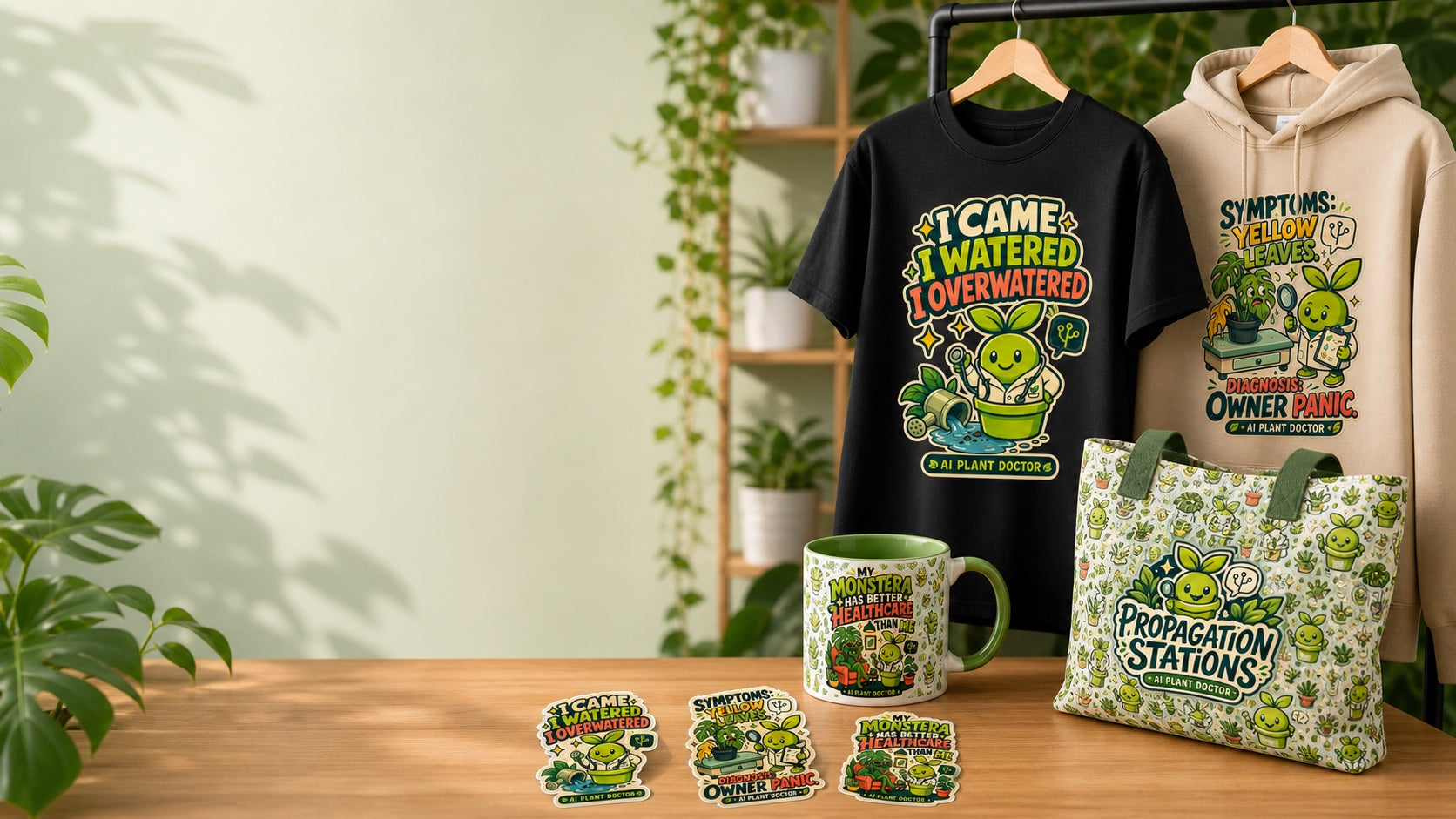Budsy AI Plant Doctor merchandise collection with t-shirt, hoodie, mug, tote, and stickers